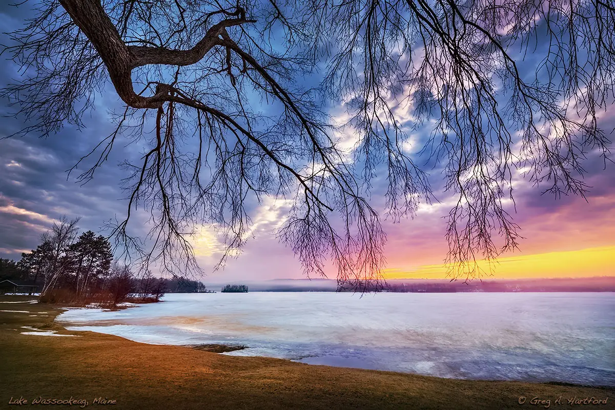 Serene sunrise on Little Lake Wassookeag in Dexter, Maine