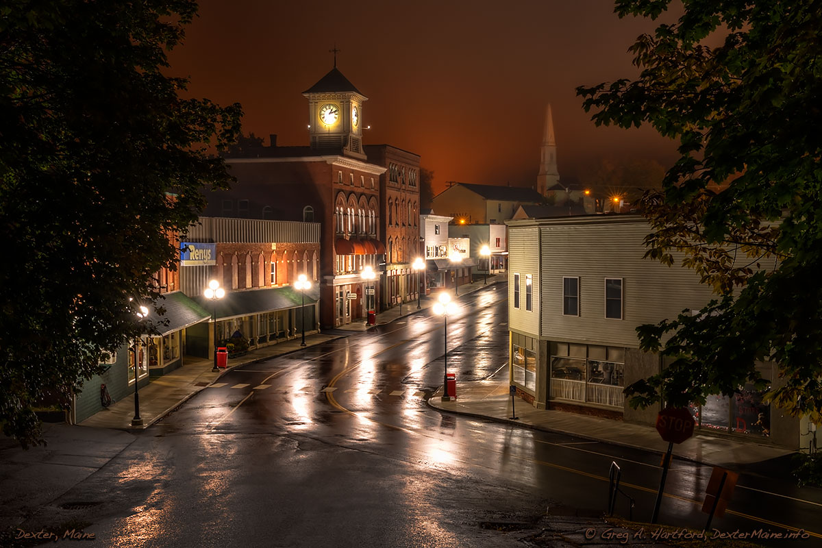Main Street after midnight and a light rain in Dexter, Maine