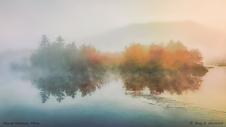 This 16x9 photo was taken from Abol Bridge on the Golden Road of the thick fog covering Mount Katahdin.