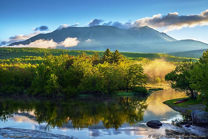 Early morning view of Mount Katahdin from Abol Bridge on the Golden Road