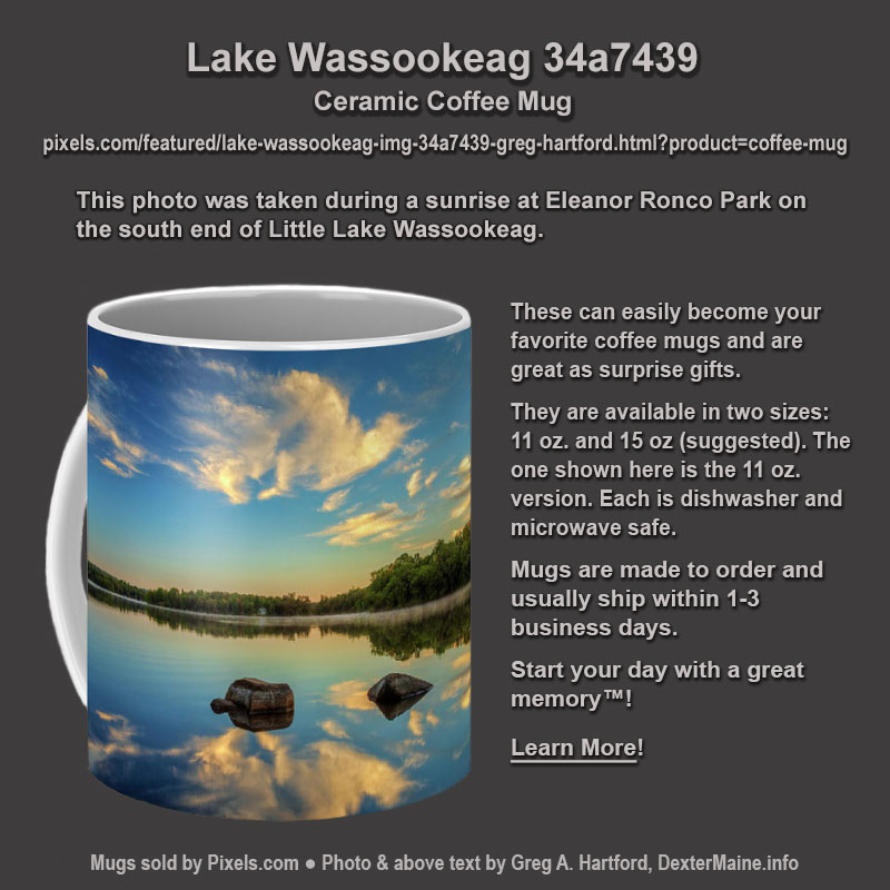 Dexter Coffee Mug showing sunrise at Little Lake Wassookeag